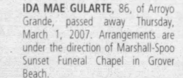 Obituary for IDA MAE GULARTE (Aged 86)